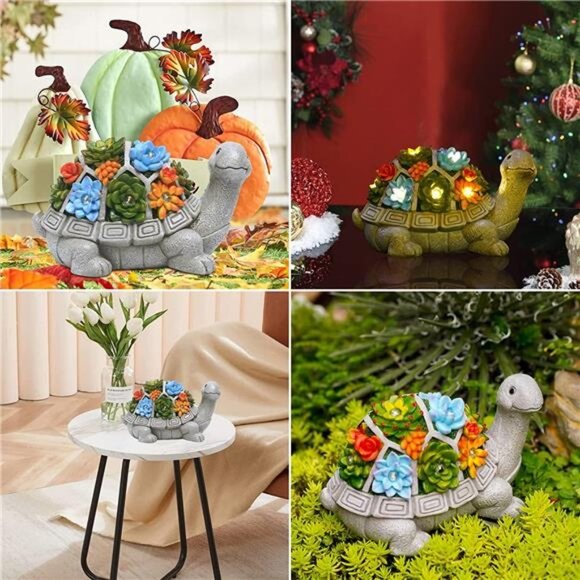 Solar Garden Statue Turtle Figurine with Succulent and 7 LED Lights - Lawn Decor - Picture 5 of 6
